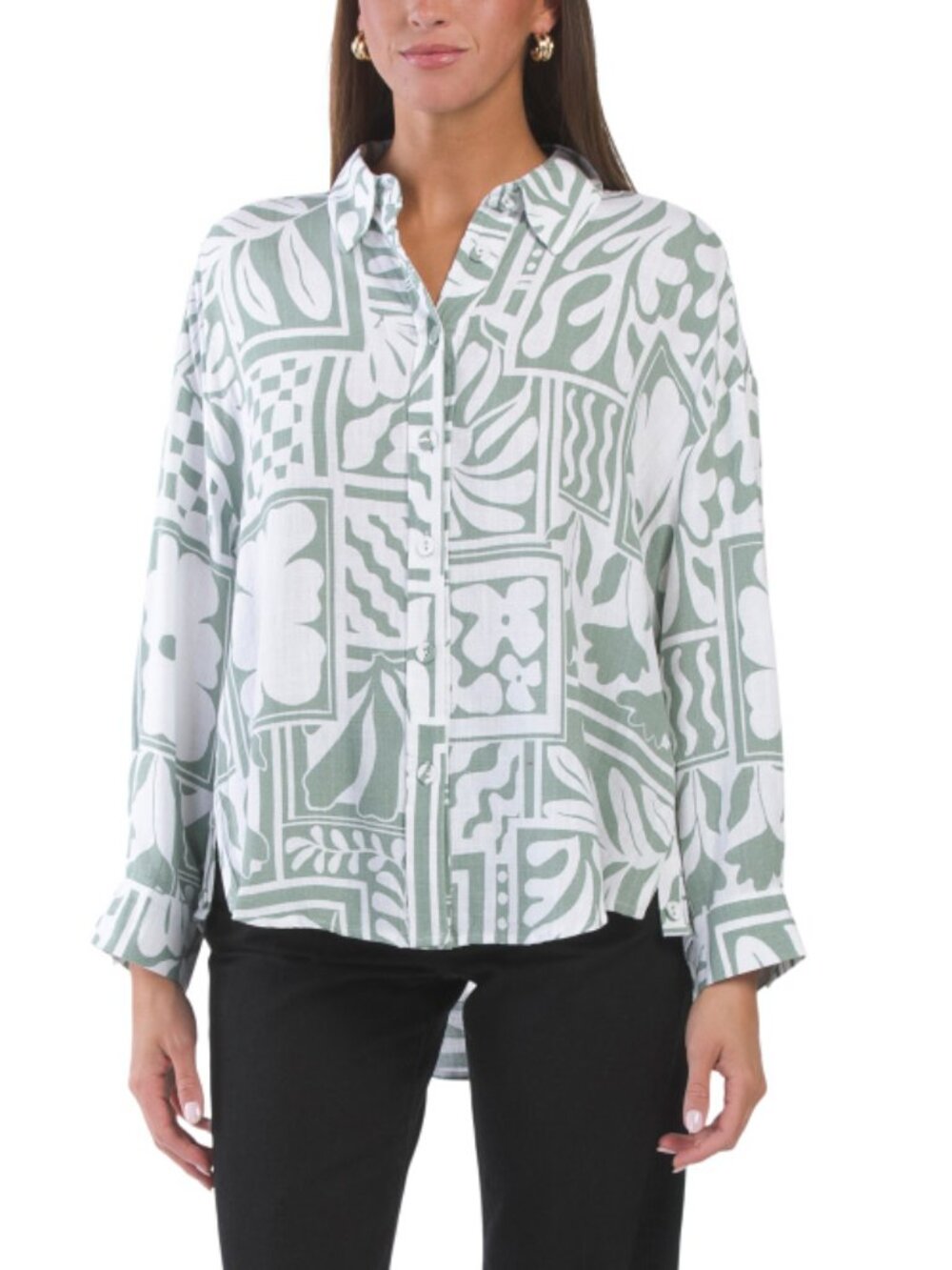 NWT PAPERHEART Linen Blend Tile Printed Long Sleeve Exclusive Print Top